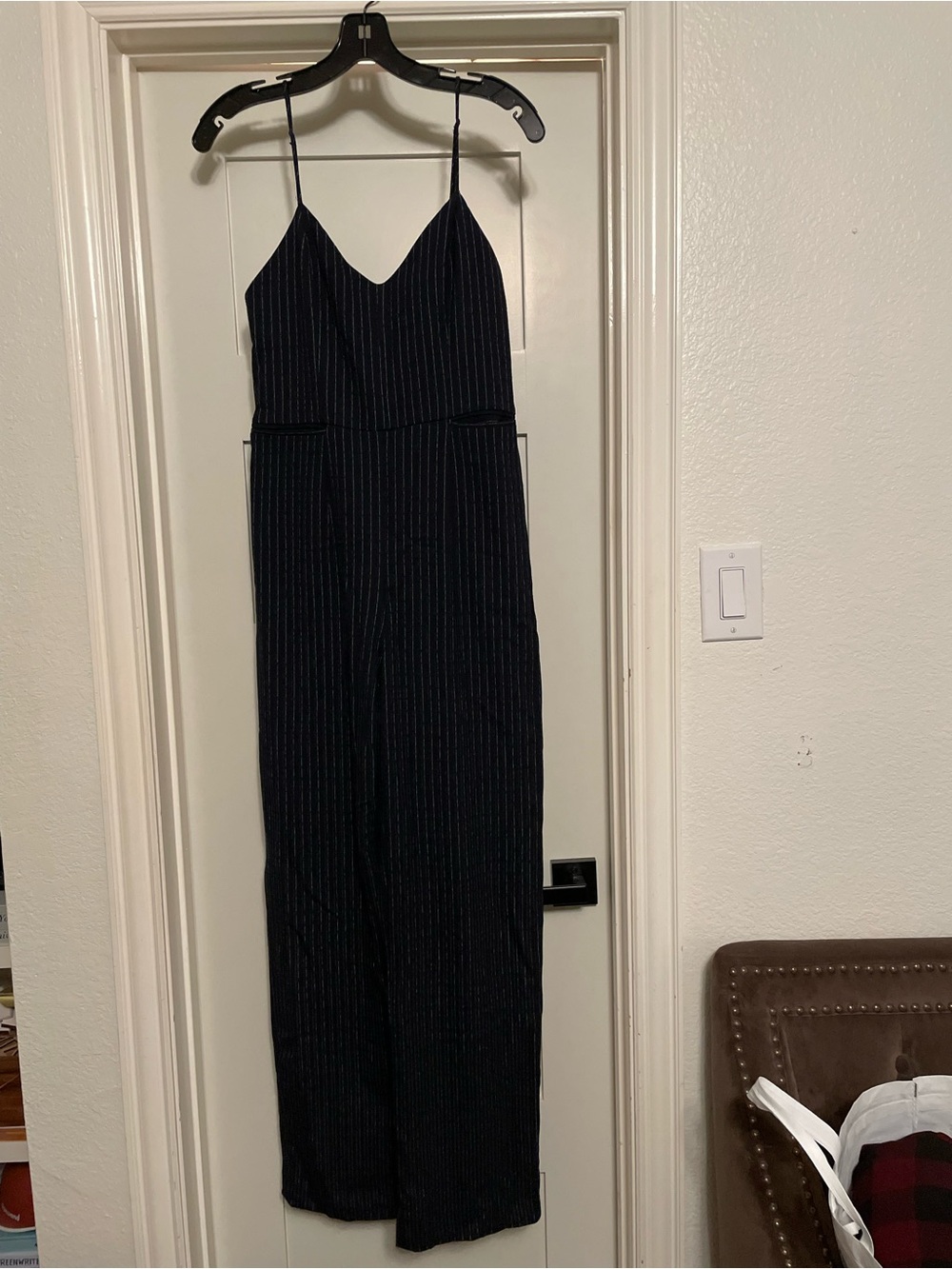 Anthropologie Navy Pinstripe Spaghetti Strap Jumpsuit